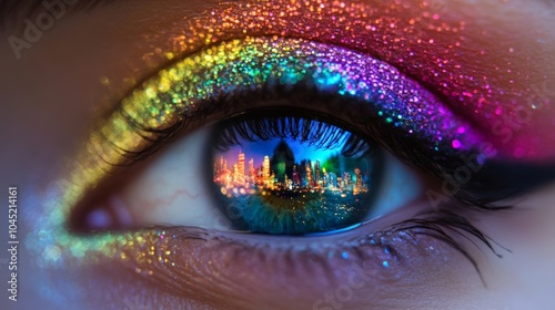 Vibrant Eye Makeup with City Reflection in Colorful Glitter