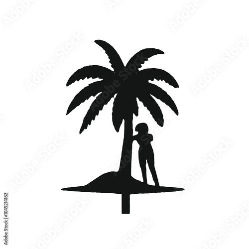 A silhouette of a palm tree with two small figures standing underneath it
