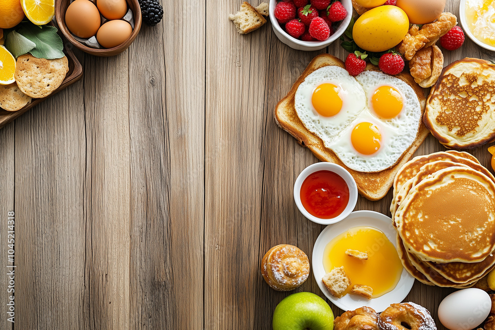A beautifully arranged assortment of breakfast foods including pancakes, eggs, toast, fresh fruits, and pastries, laid out on a rustic wooden table, with copy space. Warm, natural lighting. A beautifully arranged assortment of breakfast foods including pancakes, eggs, toast, fresh fruits, and pastries, laid out on a rustic wooden table, with copy space. Warm, natural lighting.