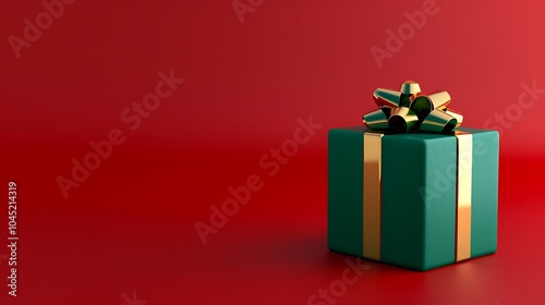 3D Festive Green Gift Box with Golden Ribbon on Red Background. Christmas Theme.