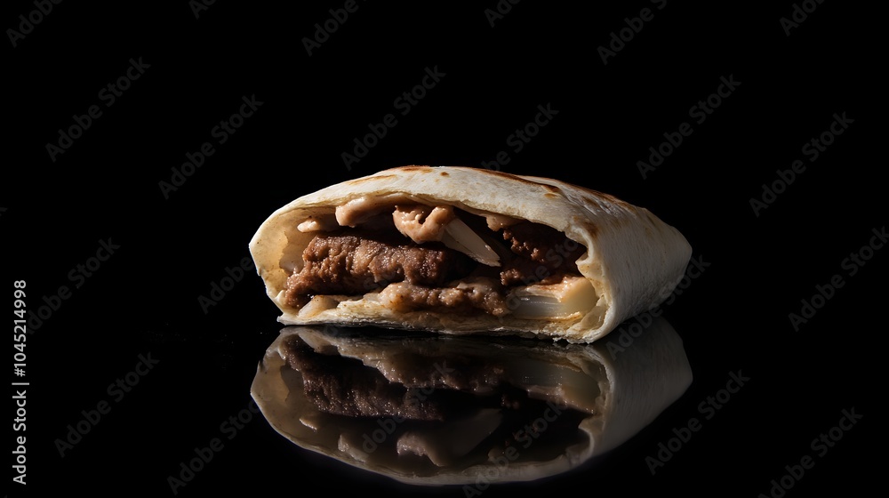 Tasty beef burrito displayed against a sleek, reflective black background. Tasty beef burrito displayed against a sleek, reflective black background.