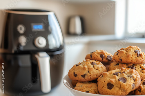 A modern air fryer with freshly baked cookies and crispy chicken wings placed beside it, showcasing versatility in cooking photo