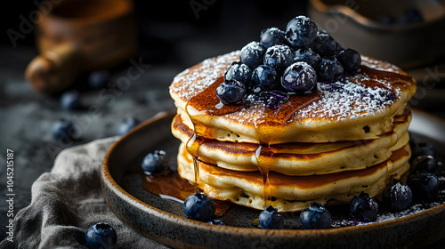 A stack of pancakes topped with blueberries, maple syrup, and powdered sugar. photo