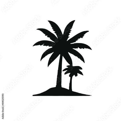 A silhouette of a palm tree with two small figures standing underneath it
