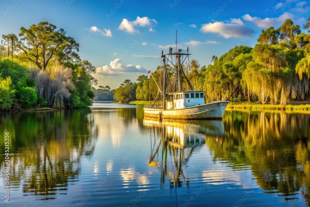 Obraz premium Fishing boat on the bayou along the river in Louisiana