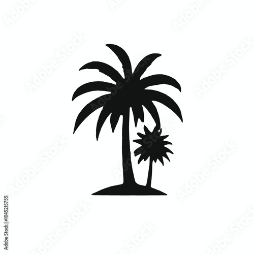 A silhouette of a palm tree with two small figures standing underneath it