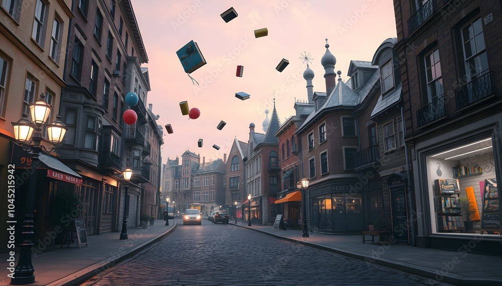 Fototapeta premium Books and Balloons Floating in Magical European Street