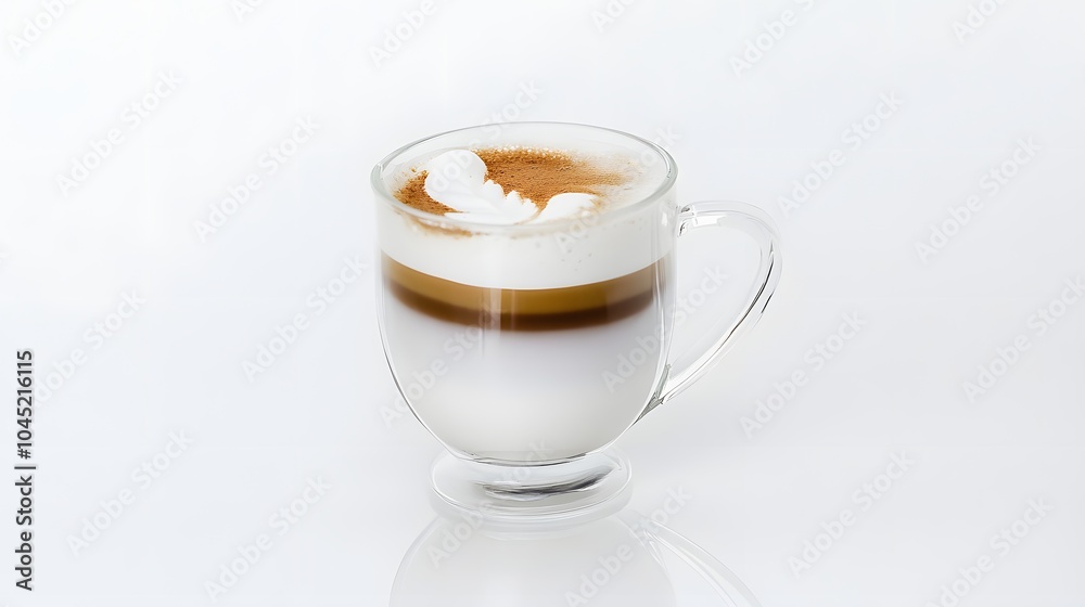 Elegant glass cup of layered cappuccino on a white background. Elegant glass cup of layered cappuccino on a white background.