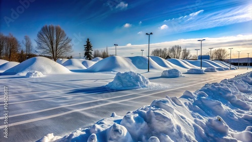 Snow mounds in parking lot during winter in Upstate NY with leading lines