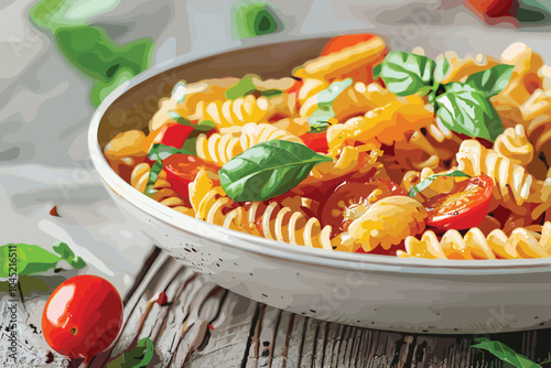 plate with screw pasta and tomato sauce with vegetables