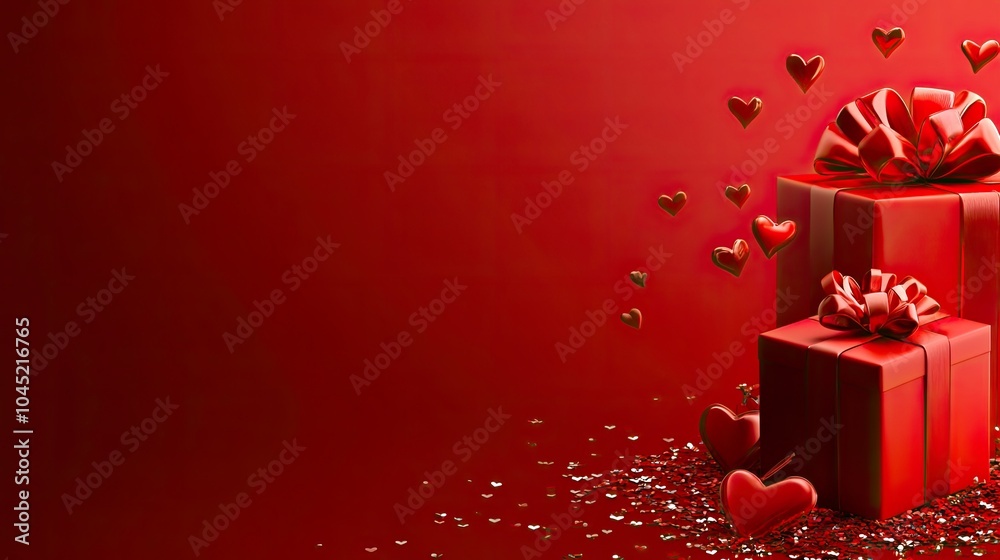 Valentine's day gift. Banner design with present box and hearts on red background, copy-space with generative ai Valentine's day gift. Banner design with present box and hearts on red background, copy-space with generative ai
