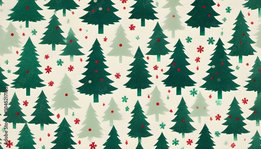 Obraz premium Painting seamless repeating christmas tree background with snowflakes for wrapping paper. AI generated