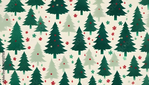 Painting seamless repeating christmas tree background with snowflakes for wrapping paper. AI generated