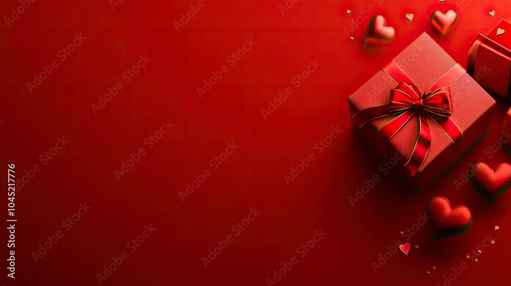 Valentine's day gift. Banner design with present box and hearts on red background, copy-space with generative ai Valentine's day gift. Banner design with present box and hearts on red background, copy-space with generative ai