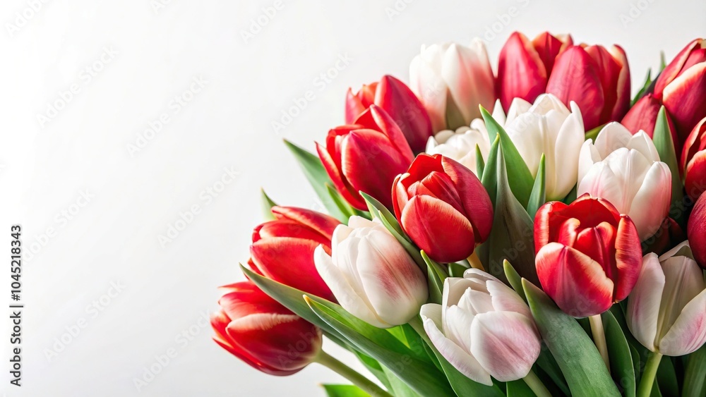 Floral arrangement of red and white tulips on white background Floral arrangement of red and white tulips on white background