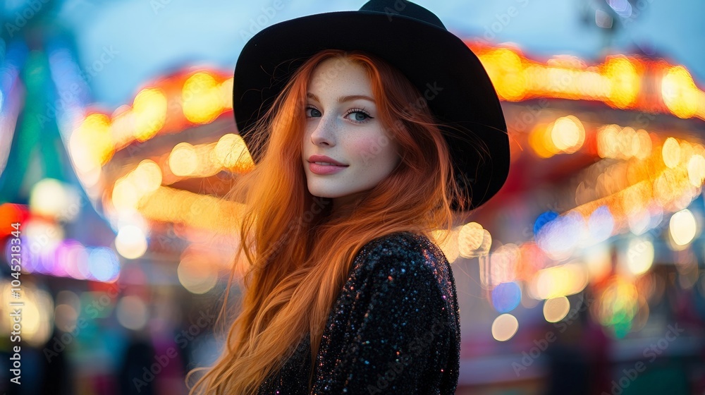 Enchanting redhead woman in a hat near a colorful carnival background at twilight. Captivating lights make the scene magical. Enchanting redhead woman in a hat near a colorful carnival background at twilight. Captivating lights make the scene magical.
