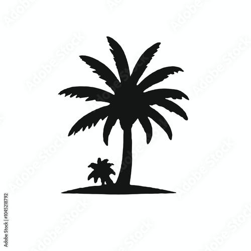 A silhouette of a palm tree with two small figures standing underneath it