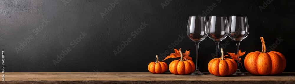 Thanksgiving Pumpkin Arrangement Concept for Autumn Decor. A cozy autumn scene featuring pumpkins and elegant wine glasses on a rustic wooden table against a dark backdrop Thanksgiving Pumpkin Arrangement Concept for Autumn Decor. A cozy autumn scene featuring pumpkins and elegant wine glasses on a rustic wooden table against a dark backdrop