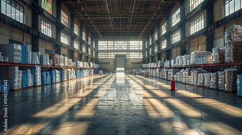 Expansive Warehouse With Sunlit Aisles and Stacked Goods