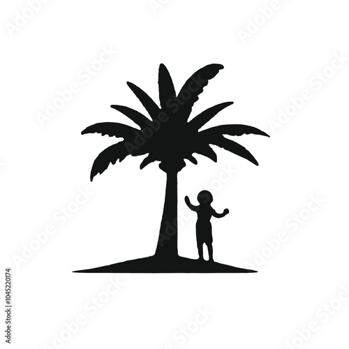 A silhouette of a palm tree with two small figures standing underneath it