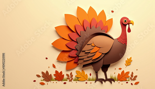 Paper collage-style illustration of a turkey made from layered paper pieces, rich earthy tones like brown and gold, large turkey figure with minimal background details, creative Thanksgiving feel