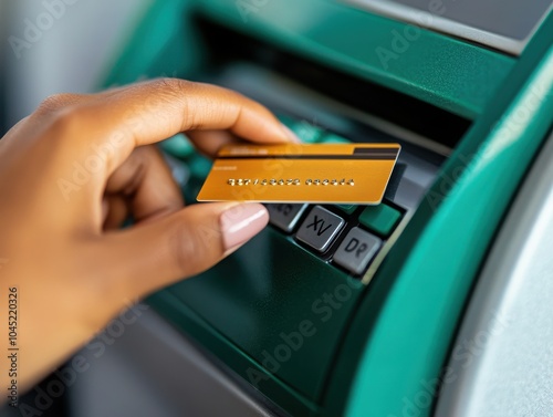 A close-up of a hand inserting a bank card into an ATM, highlighting the process of withdrawing cash or checking account balance. photo