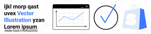 Left side with text including Vector Illustration. Center with a line graph in a window and a check mark. Right side with a shopping bag icon. Ideal for business success e-commerce analytics