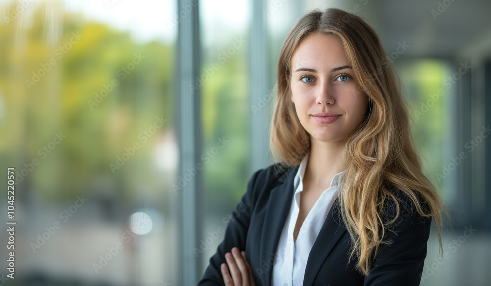 Confident Young Professional Woman in Modern Office, Corporate Leadership Portrait Confident Young Professional Woman in Modern Office, Corporate Leadership Portrait
