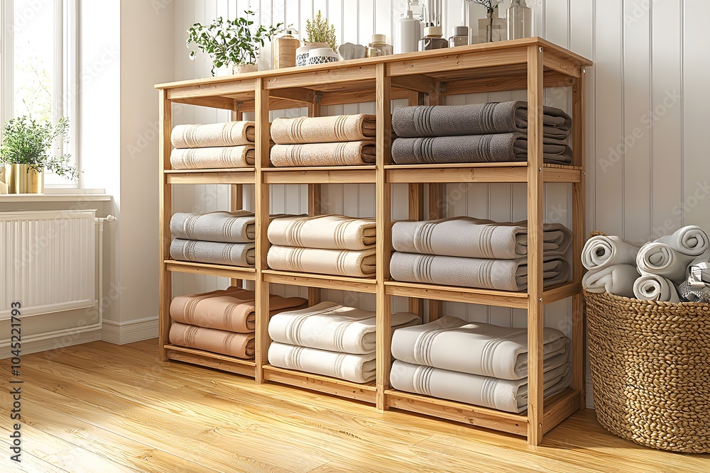 Fototapeta premium Organized linen shelf with neatly stacked towels in cozy minimalist interior