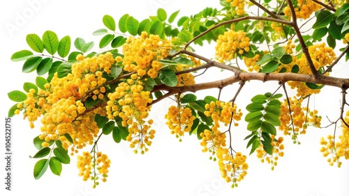 Flowers and leaves of Krishna Chura tree in foreground isolated on branch photo