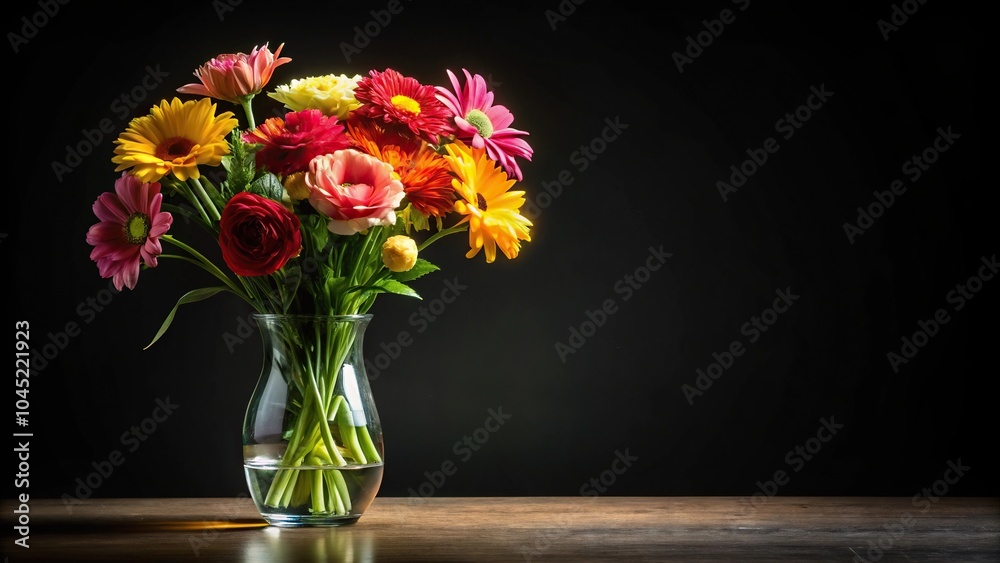 Fototapeta premium flowers in a vase isolated on black background reflected