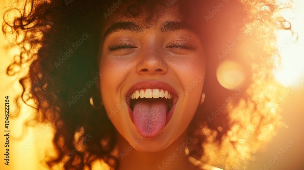 Joyful woman shows her playful side with a big smile and tongue out, illuminated by bright golden sunlight. Joyful woman shows her playful side with a big smile and tongue out, illuminated by bright golden sunlight.