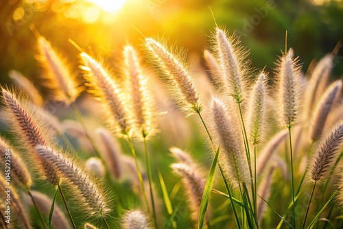 Fluffy bushes and Timothy grass in early morning sunlight