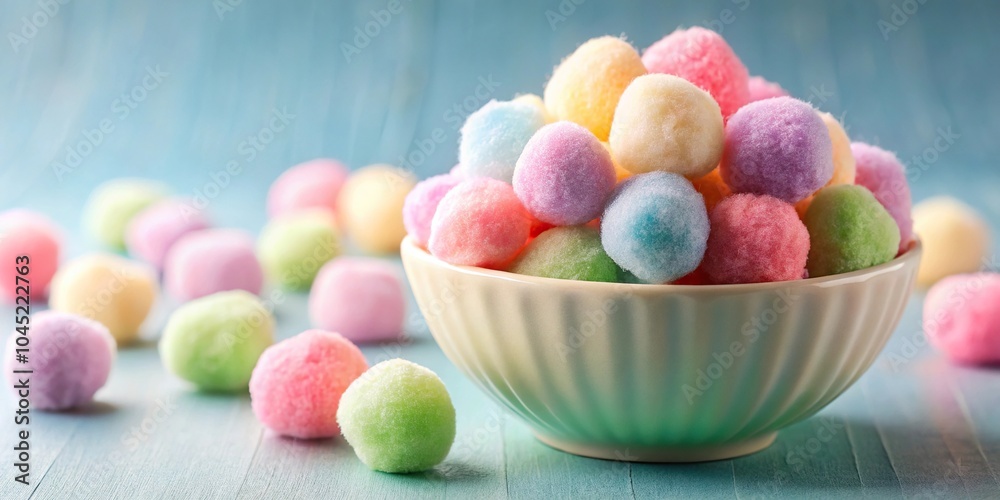 Fluffy colorful cotton candy balls in ceramic bowl close-up Fluffy colorful cotton candy balls in ceramic bowl close-up