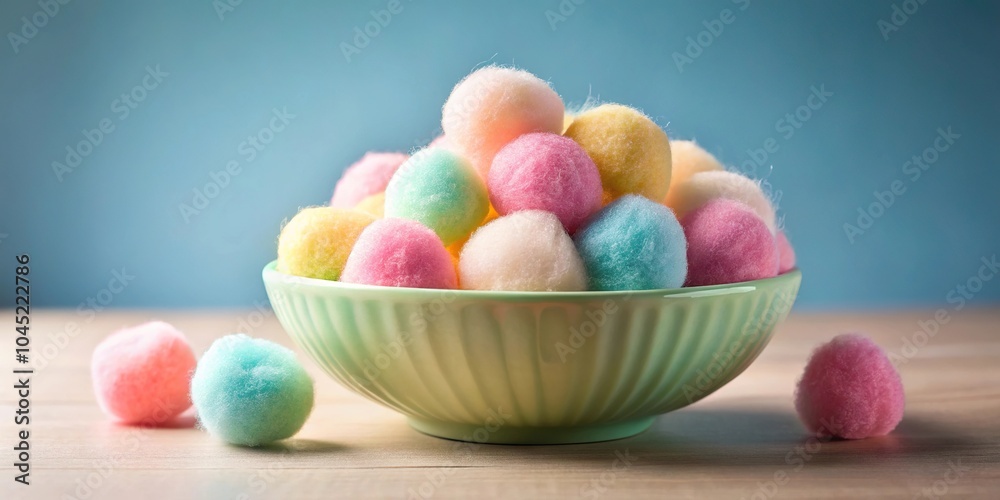 Fluffy colorful cotton candy balls in ceramic bowl long shot Fluffy colorful cotton candy balls in ceramic bowl long shot