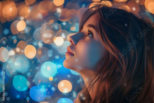 Young woman s serene expression as she watches captivating fireworks display in the night sky