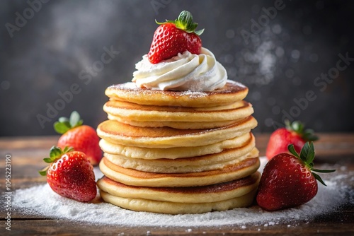 Fluffy pancakes topped with strawberries and whipped cream