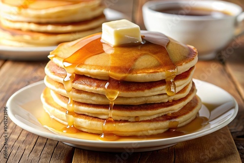 Fluffy pancakes with butter and syrup