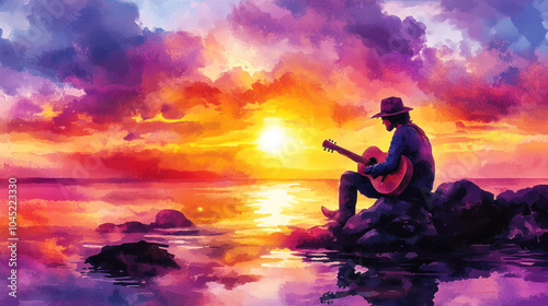 Purple watercolor painting of a musician man playing guitar at beach