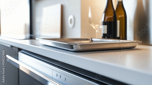 Close-up of a modern kitchen counter with a baking sheet, wine bottles, and a wine glass.