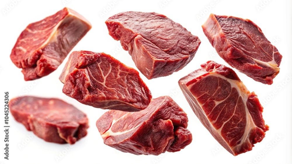Flying beef steaks with selective focus isolated on white background Flying beef steaks with selective focus isolated on white background