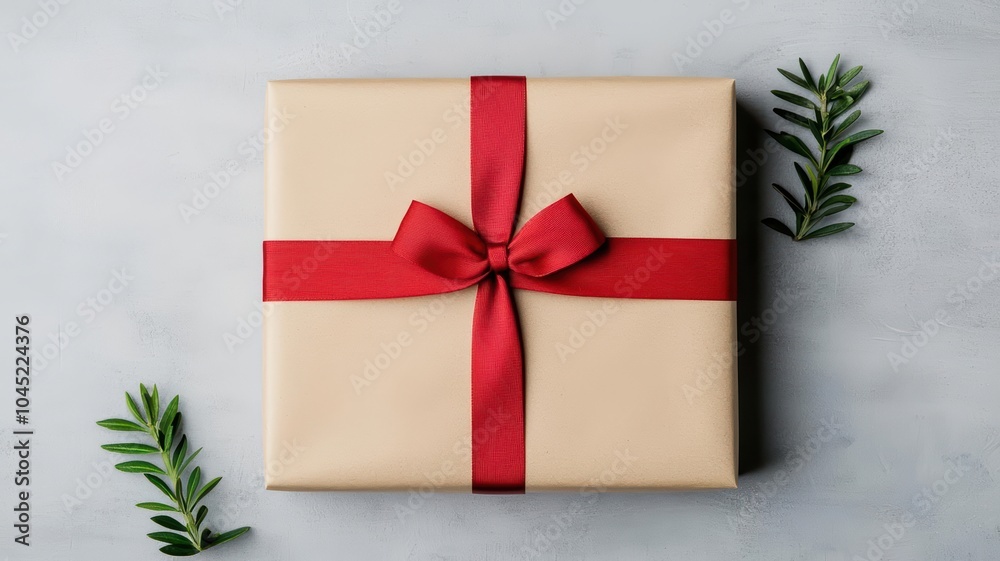 Fototapeta premium Traditional red bow tied on a gift wrapped in natural paper, classic holiday vibe, gift wrapping bow traditional, classic, festive