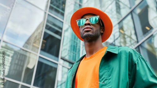 Stylish man in bright outfit standing in city, showcasing vibrant fashion choices. Modern buildings create a sleek urban backdrop.