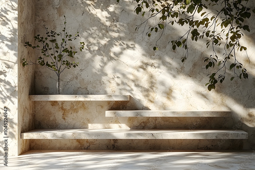 Sunlit stone wall with minimalist shelves and plant shadows Sunlit stone wall with minimalist shelves and plant shadows