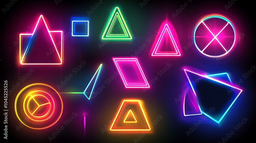 Neon geometric shapes including squares triangles and circles in a colorful abstract vector illustration Neon geometric shapes including squares triangles and circles in a colorful abstract vector illustration