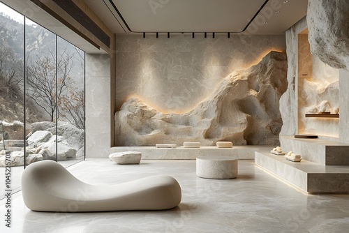 Elegant minimalist interior design with natural stone and modern furnishings in earth tones photo