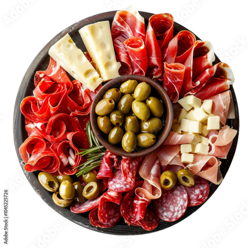 Traditional Spanish tapas platters with jamón, olives, and cheeses, top view, served on a holiday table photo
