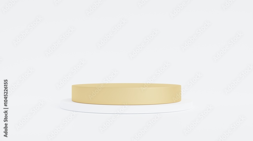Gold and white cylindrical podium for product advertising, fashion, premium cosmetics, 3D rendering.	
