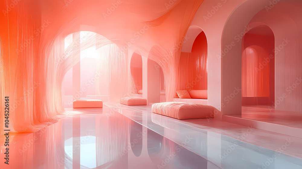 The modern interior features soft, translucent fabrics covering minimalist furniture, creating a delicate spider web-like structure. The modern interior features soft, translucent fabrics covering minimalist furniture, creating a delicate spider web-like structure.