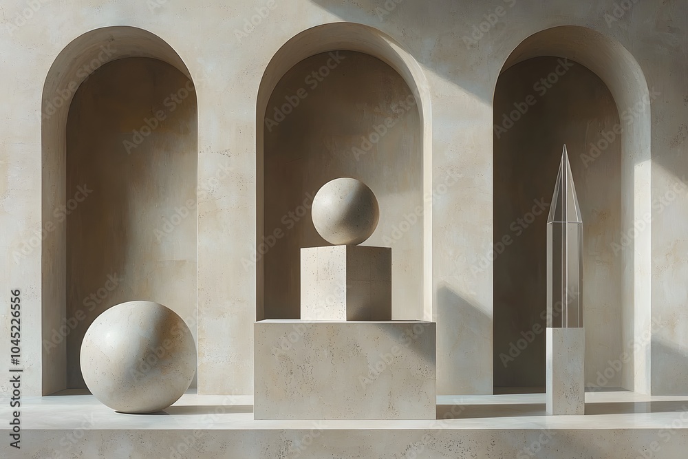 Minimalist geometric art display with spheres and archways in neutral tones Minimalist geometric art display with spheres and archways in neutral tones